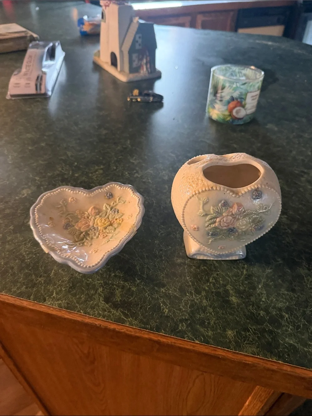 Cream Heart-Shaped Ceramic Vase with Pastel Floral Relief